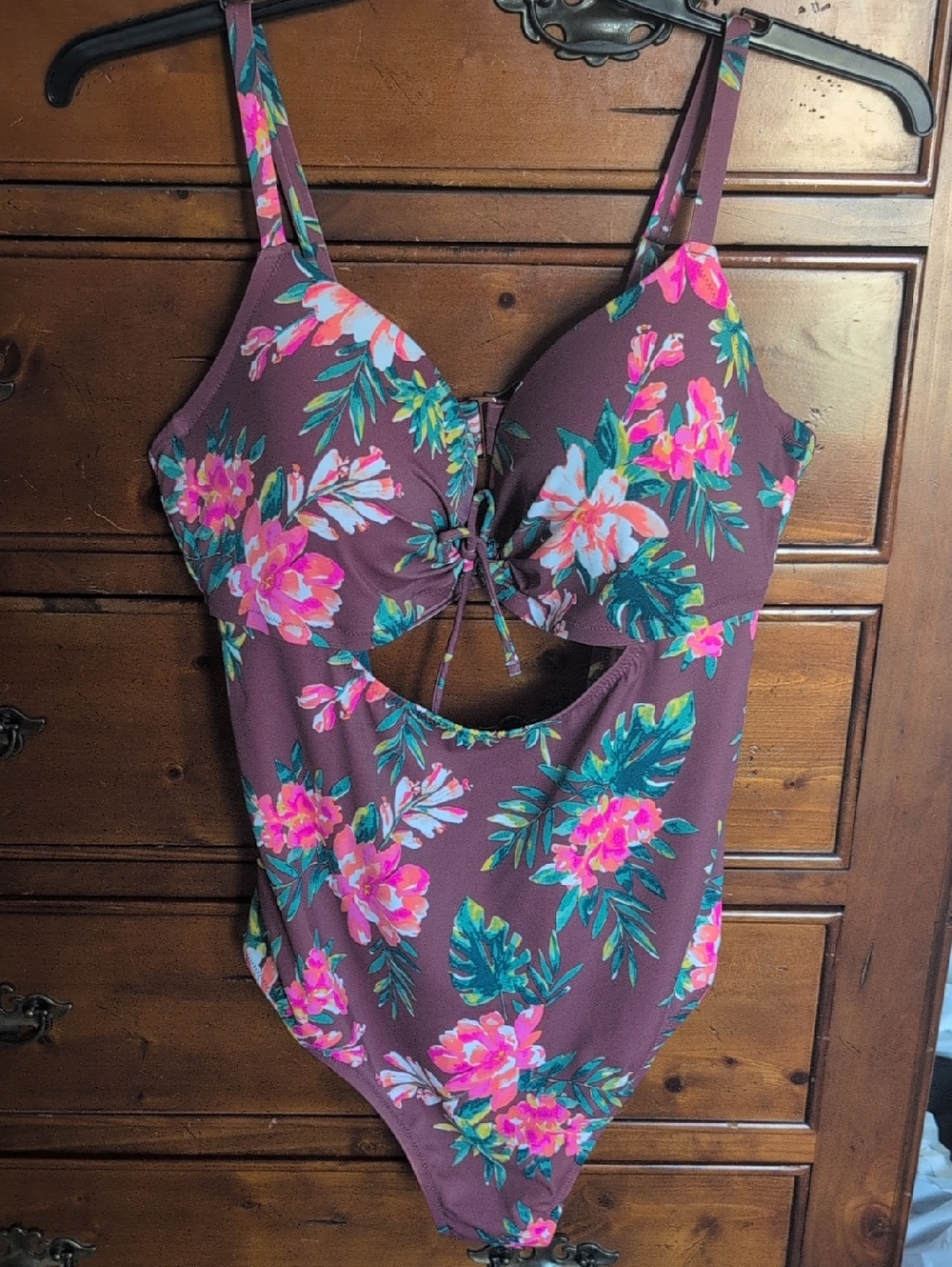 Floral Cutout One-Piece Swimsuit - Plum with Pink & Teal Flowers